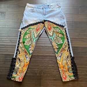 Upcycled Paisley Denim Jeans Mens Sz 38 Embellished Trim Light Wash